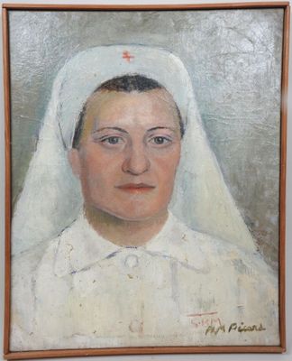 painting of a woman in a white dress with a red cross on her forehead
