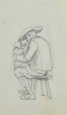 une image représentant le dessin d'un homme assis sur un tabouret