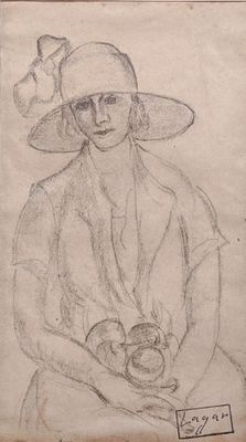 pencil drawing of a woman in a hat and dress holding an apple