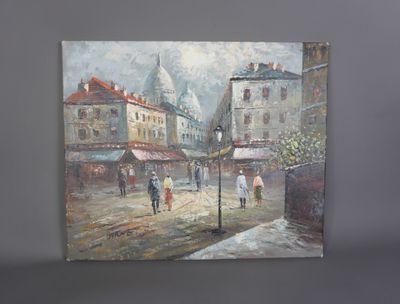 peinture d'une scène de rue avec des personnes marchant dans la rue