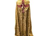 a gold cape with a red and gold design on it