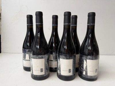 six bottles of wine are lined up on a counter