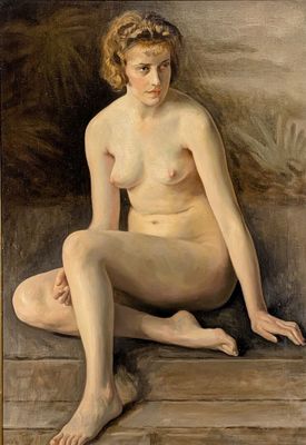 an image of a painting of a nude woman sitting on a ledge