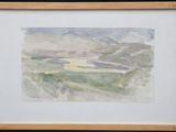 aquarelle représentant un paysage avec une rivière au loin