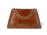 La pochette en cuir de crocodile marron est représentée sur un fond blanc