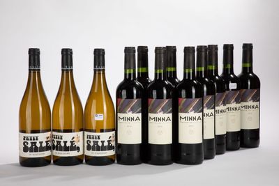 six bouteilles de vin sont alignées sur une surface blanche