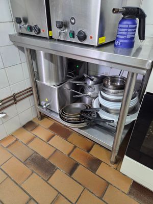 un plan de travail en acier inoxydable sur lequel sont posées des casseroles et des poêles, dans une cuisine