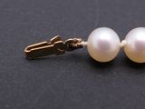 a close up of a pair of pearl earrings on a black surface
