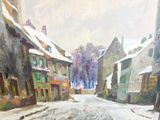 painting of a snowy street scene with buildings and a red fire hydrant in the foreground