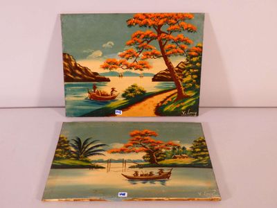 two paintings of boats on the water and a tree on the shore