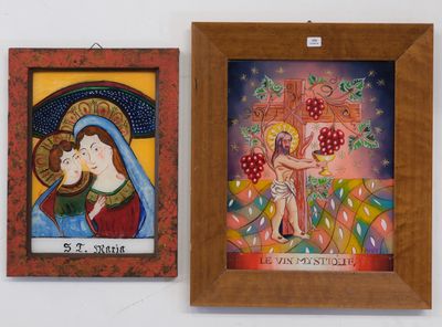 two paintings of the virgin mary and jesus hanging on a wall