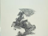 a drawing of a man riding a horse with an umbrella