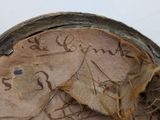 a close up of an old shoe with writing on it