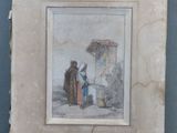 an old picture of a man and a woman standing in front of an umbrella