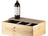 a bottle of wine that is in a wooden box