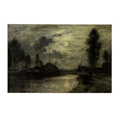une image représentant un tableau d'une rivière la nuit, avec une maison au loin