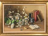 painting of a still life of flowers, books, and a silver goblet