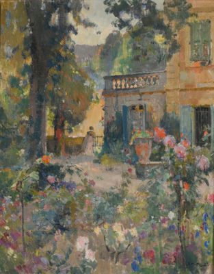 une image représentant un tableau d'un jardin avec des fleurs au premier plan