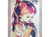 a painting of a little girl holding a flower in her hand