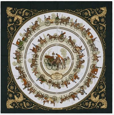 une image représentant un foulard carré orné de chevaux et de calèches