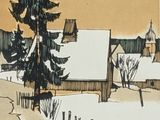 tableau représentant un village enneigé avec un pin au premier plan