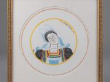 a framed picture of a woman with a hat and a rainbow dress
