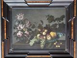 a picture of a painting of fruit and flowers on a table