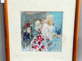 framed picture of a painting of a woman and a bird on a blue background
