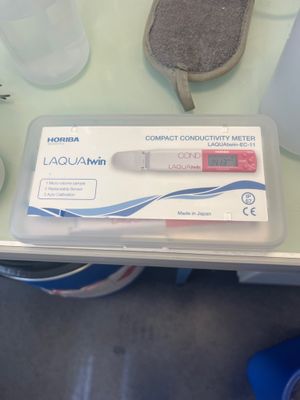 a plastic container with a toothbrush on a table next to a bottle of water and a sponge