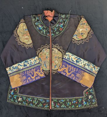 a close up of a black jacket with a colorful design on it