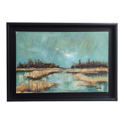 an oil painting of a landscape with a river and trees