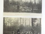 two black and white photos of a group of people riding horses