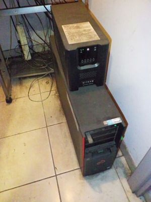 a microwave oven sitting on top of a counter next to a computer