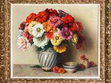 un tableau représentant des fleurs dans un vase et un bol posés sur une table