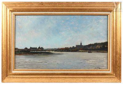 an oil painting of a river scene with a bridge and a church in the distance