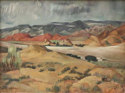 une image représentant un tableau représentant un paysage désertique avec des montagnes en arrière-plan