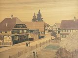 a picture of a painting of a village in the country
