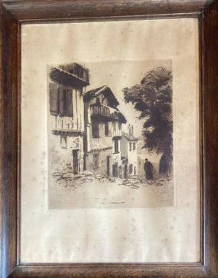 an old picture of an old building with a clock on the wall