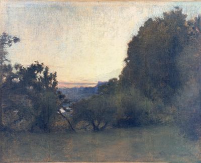 an image of a painting of a field with trees in the foreground
