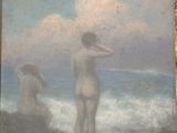 un vieux tableau représentant deux femmes debout sur une plage au bord de la mer