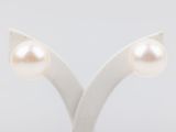 pair of pearl earrings on a white stand on a white background