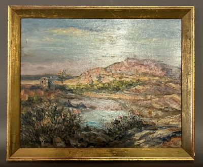 an oil painting of a mountain scene with a river in the foreground