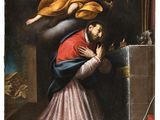 an image of a painting of a man kneeling in front of an angel