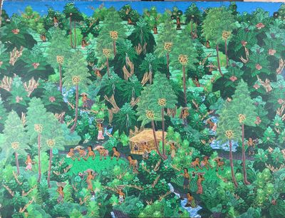 tableau représentant une scène forestière avec une maison au milieu des bois