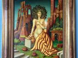 a painting of a woman in a yellow dress sitting on a ledge