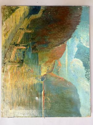 une image représentant un tableau où l'on voit une femme dans un bateau sur un lac