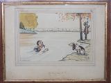 aquarelle encadrée représentant deux chiens jouant dans un lac
