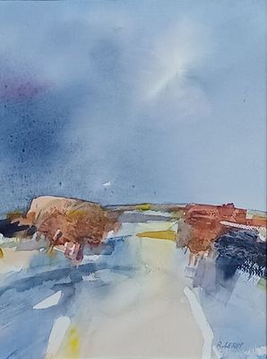 a watercolor painting of cows walking down a road