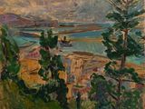une peinture à l'huile représentant une vue d'une ville avec un bateau sur l'eau