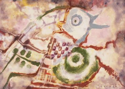 painting of a painting of a bird on a table with a plate of fruit